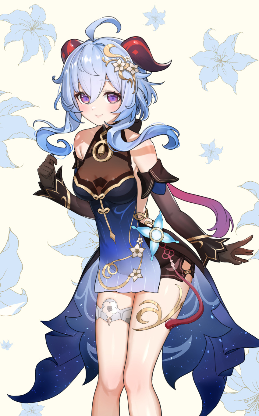 1girl, absurdres, ahoge, bare_shoulders, bell, black_dress, black_gloves, blue_dress