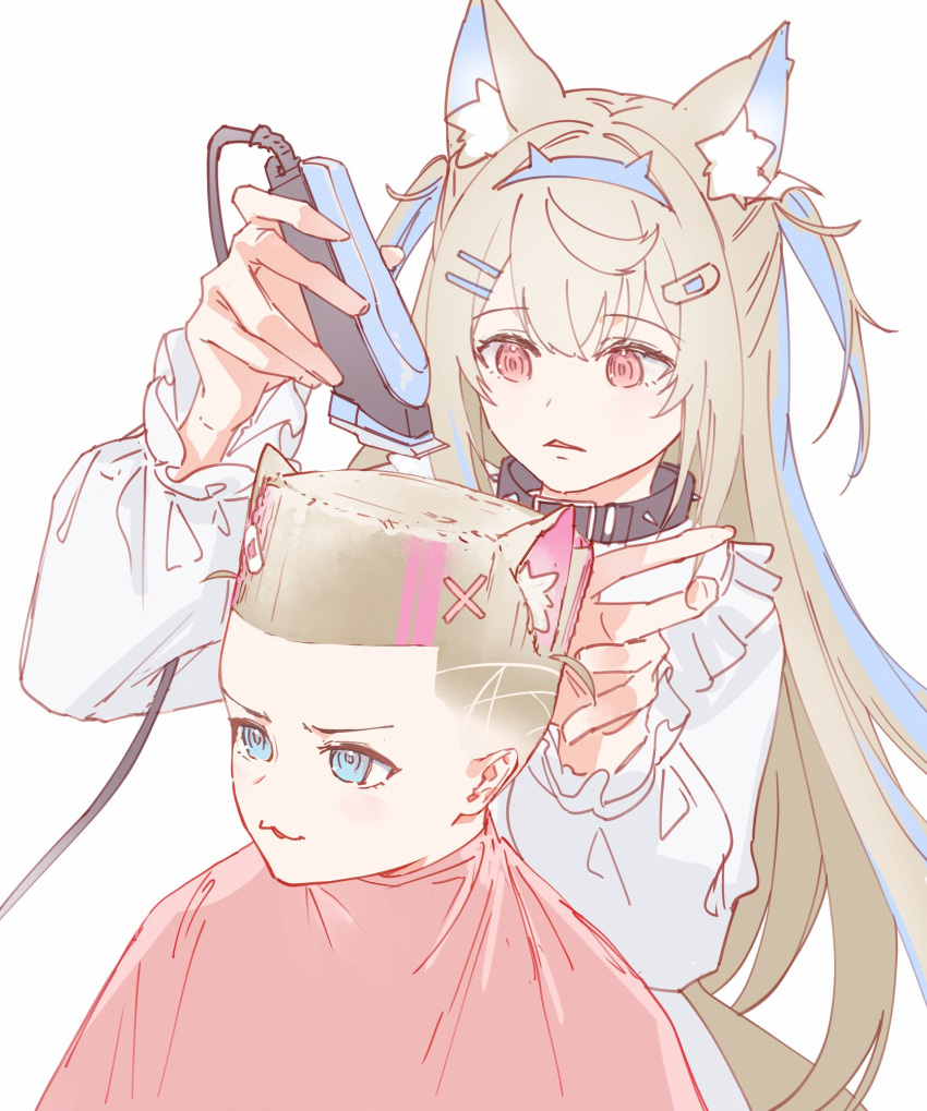 2girls, :3, animal_ears, belt_collar, bib, blonde_hair, blue_eyes, blush