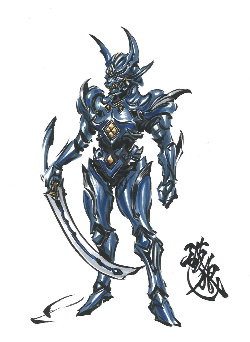 armor, baron_(garo), blue_armor, breastplate, character_request, commentary, concept_art, fake_horns