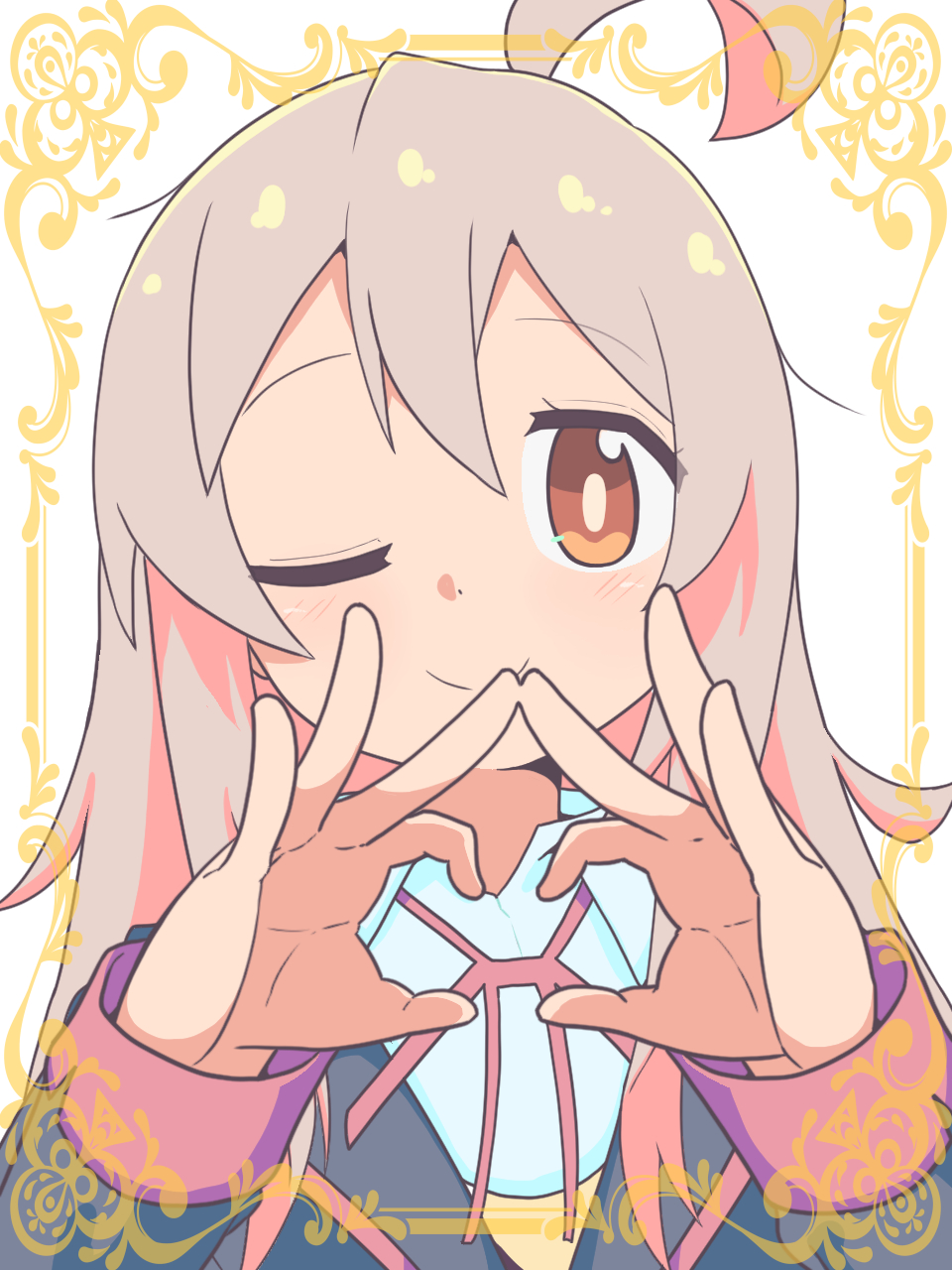 1girl, ;), ahoge, black_jacket, border, brown_eyes, club_(shape), clubs_hands