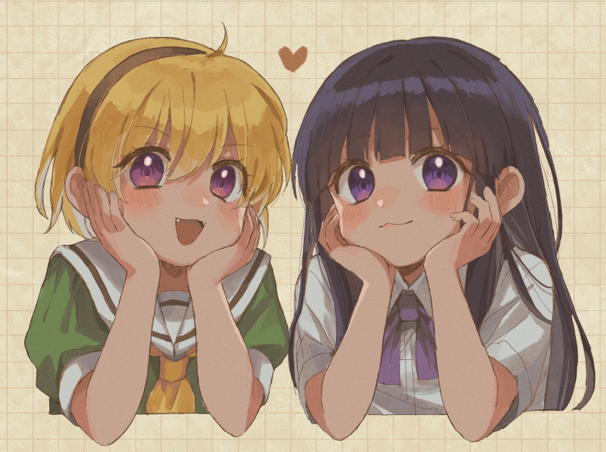 2girls, blonde_hair, blunt_ends, bow, bowtie, closed_mouth, commentary, cropped_torso