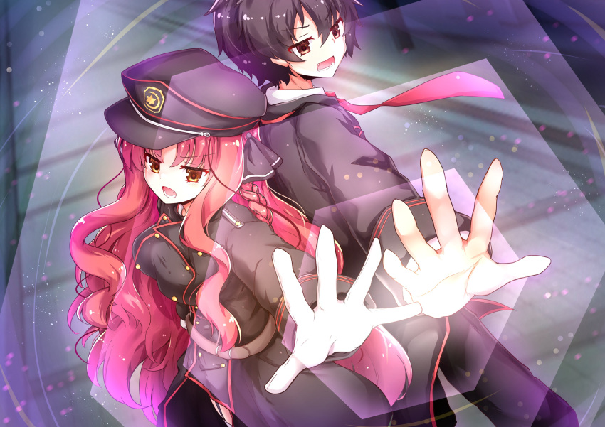 1boy, 1girl, absurdres, back-to-back, black_bow, black_hair, black_headwear, black_jacket
