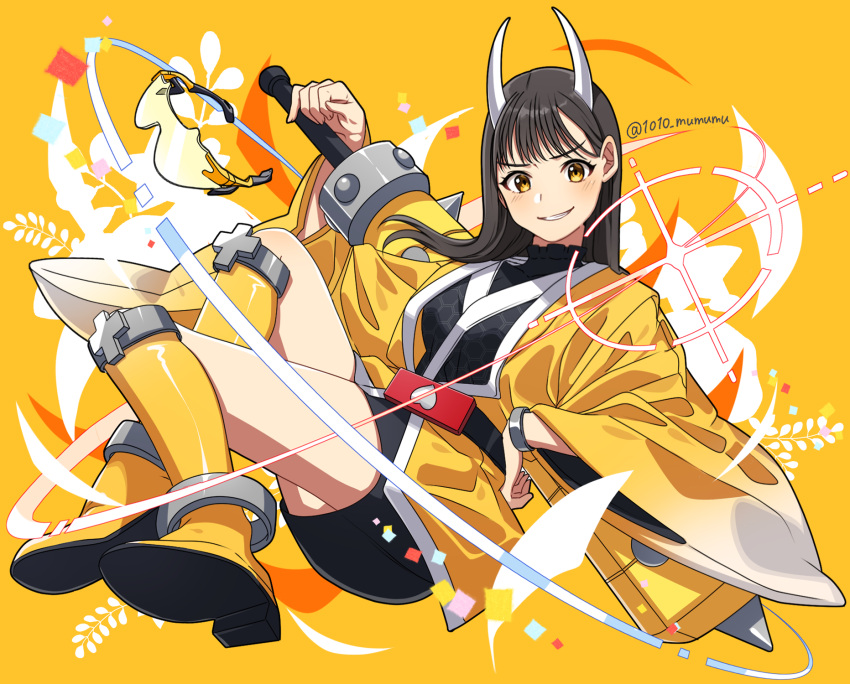 1010_mumumu, 1girl, adapted_costume, avataro_sentai_donbrothers, belt, black_hair, black_kimono, boots, club_(weapon), haori, highres, horns, japanese_clothes, kanabou, kimono, kito_haruka, oni_sister, smile, sunglasses, super_sentai, unworn_eyewear, weapon, wide_sleeves, yellow_background, yellow_eyes