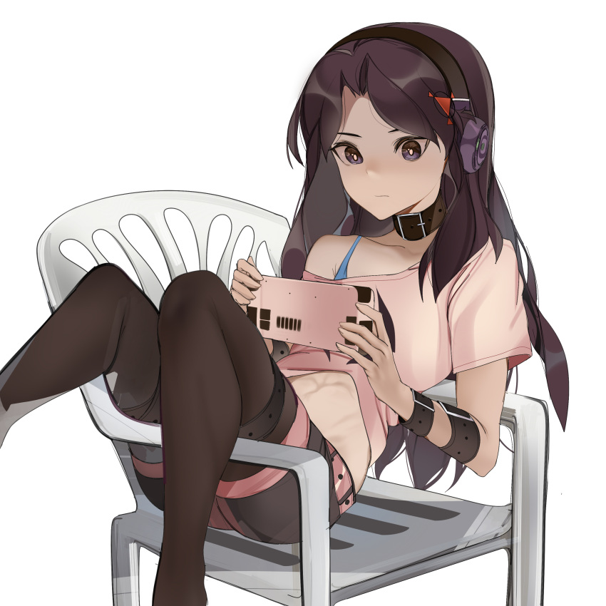 1girl, abs, absurdres, bare_shoulders, belt, black_shorts, breasts, brown_hair, chair, choker, commission, commissioner_upload, digital_hazard, dusk_(wayanfa), hair_ornament, headphones, highres, lamota, multiple_belts, non-web_source, original, pantyhose, playing_games, shirt, shorts, sitting, small_breasts, steam_deck, t-shirt, thigh_belt, thigh_strap, violet_eyes, white_background