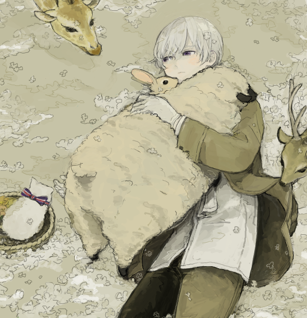 1boy, animal_hug, bad_drawr_id, bad_id, basket, black_eyes, bow, brown_coat