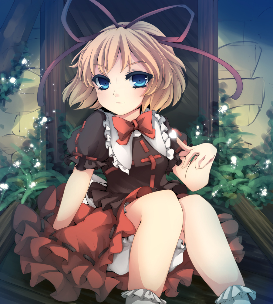 bloomers, blue_eyes, bow, bowtie, dress, hair_bow, medicine_melancholy, moccy
