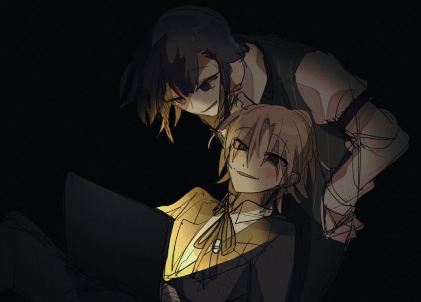 2boys, black_background, black_eyes, black_hair, black_jacket, black_vest, blush, brown_hair