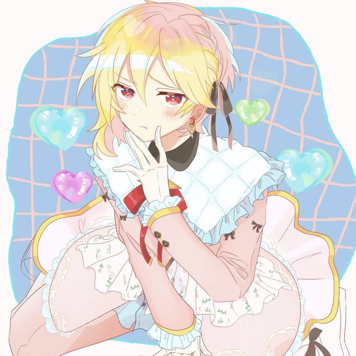 1boy, black_bow, blonde_hair, blush, bow, braid, chima_(yuiti0122), closed_mouth