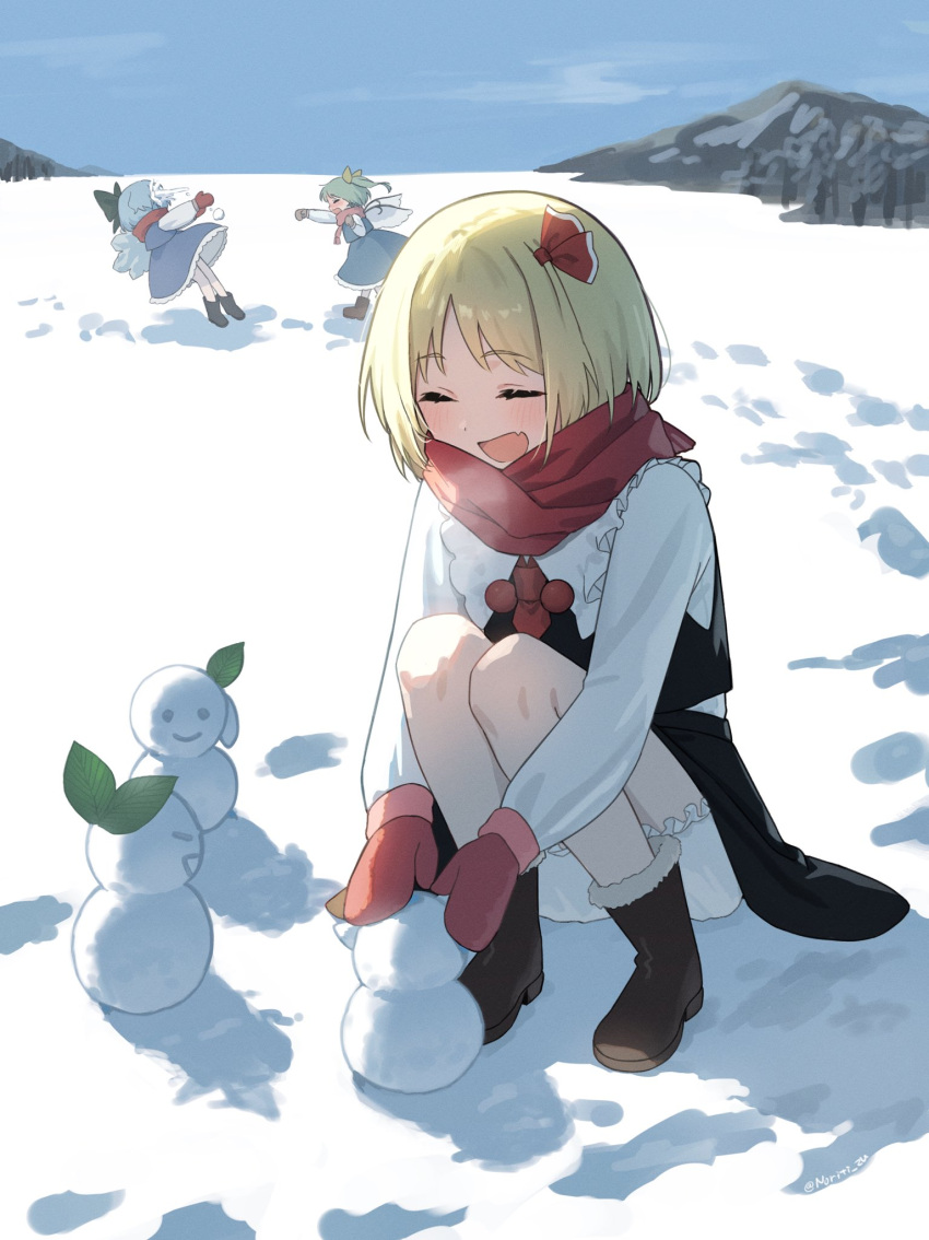 bare_legs, black_vest, blonde_hair, blue_hair, blush, boots, bow, breath, brown_footwear, character_request, closed_eyes, dress, falling, fang, footprints, frilled_dress, frills, fur_trim, gloves, grey_hair, hair_bow, hair_ornament, highres, jagged_rocks, leaf, long_sleeves, mini_snowman, mittens, multiple_girls, norichiizu, open_mouth, overcast, parted_bangs, red_gloves, red_scarf, scarf, shirt, short_hair, skin_fang, sky, smile, smiley_face, snow, snowball, snowball_fight, snowman, squatting, touhou, vest, white_shirt
