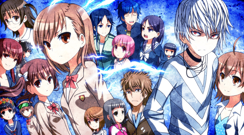 ahoge, aogami_pierce, black_hair, brown_eyes, brown_hair, electricity, etzali, everyone