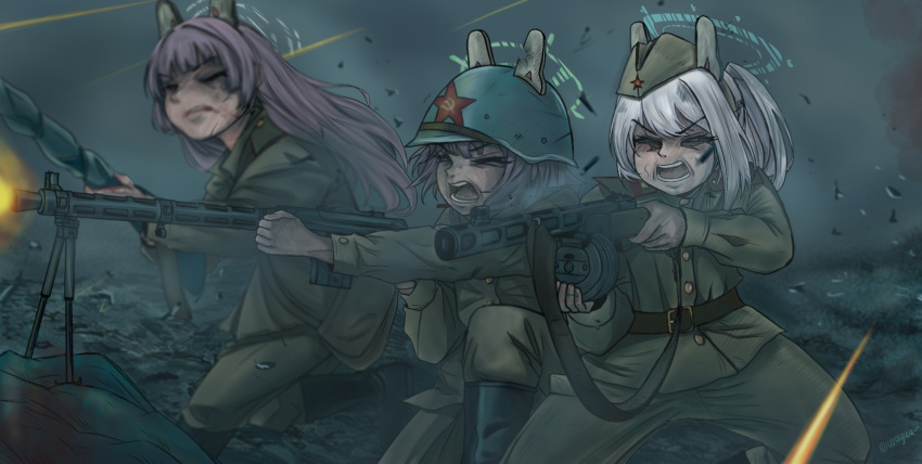 3girls, animal_ears, battlefield, belt, black_footwear, blue_archive, boots, buttons