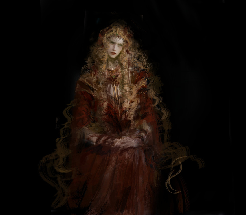 1girl, a_song_of_ice_and_fire, absurdres, all_lee24, black_background, blonde_hair, cersei_lannister, dress