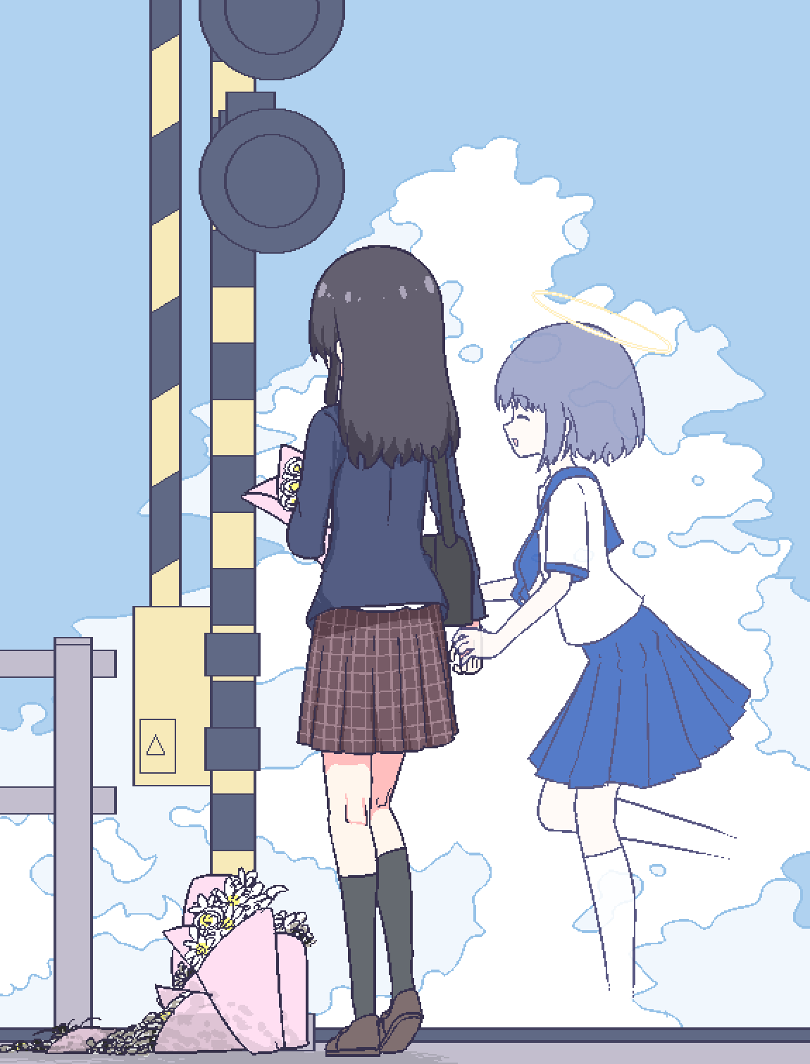 2girls, black_hair, black_socks, blue_hair, blue_jacket, blue_skirt, bouquet, brown_footwear