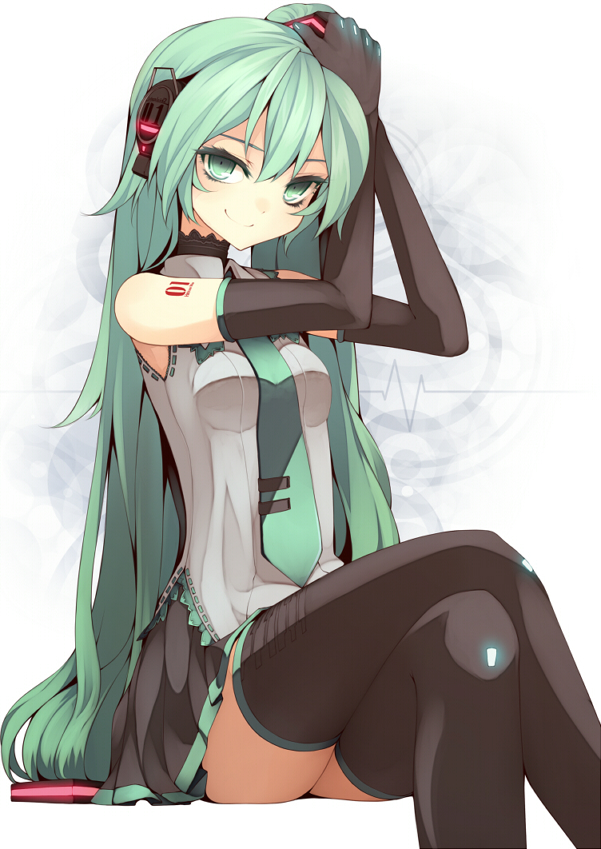 adjusting_hair, crossed_legs, embellished_costume, error, eyelashes, gloves, glowing, green_eyes