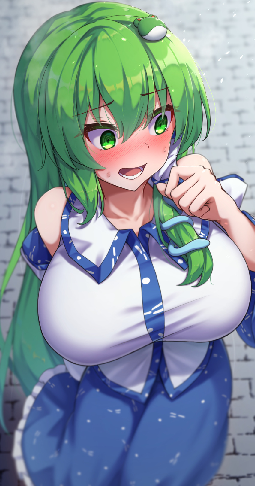 1girl, @_@, blue_skirt, blurry, blush, breasts, collared_shirt, colored_eyelashes