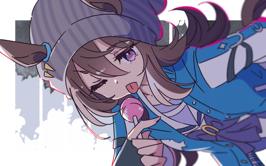 1girl, black_gloves, blue_jacket, bow, brown_hair, candy, commentary_request, dutch_angle