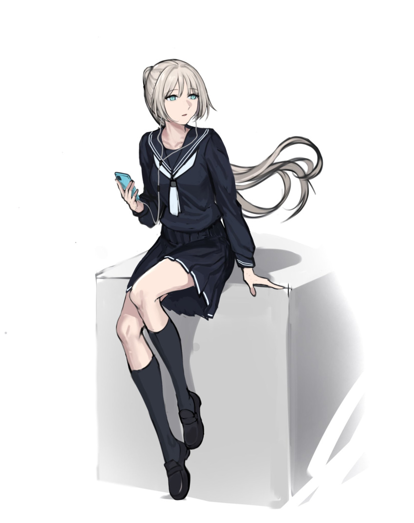 1girl, an-94_(girls'_frontline), black_footwear, black_sailor_collar, black_serafuku, black_shirt, black_skirt, black_socks, blue_eyes, cellphone, commentary, earphones, girls_frontline, grey_hair, high_ponytail, highres, holding, holding_phone, kneehighs, loafers, long_hair, long_sleeves, looking_to_the_side, looking_up, parted_lips, phone, pleated_skirt, sailor_collar, school_uniform, seilindekos, serafuku, shirt, shoes, skirt, smartphone, socks, solo, very_long_hair