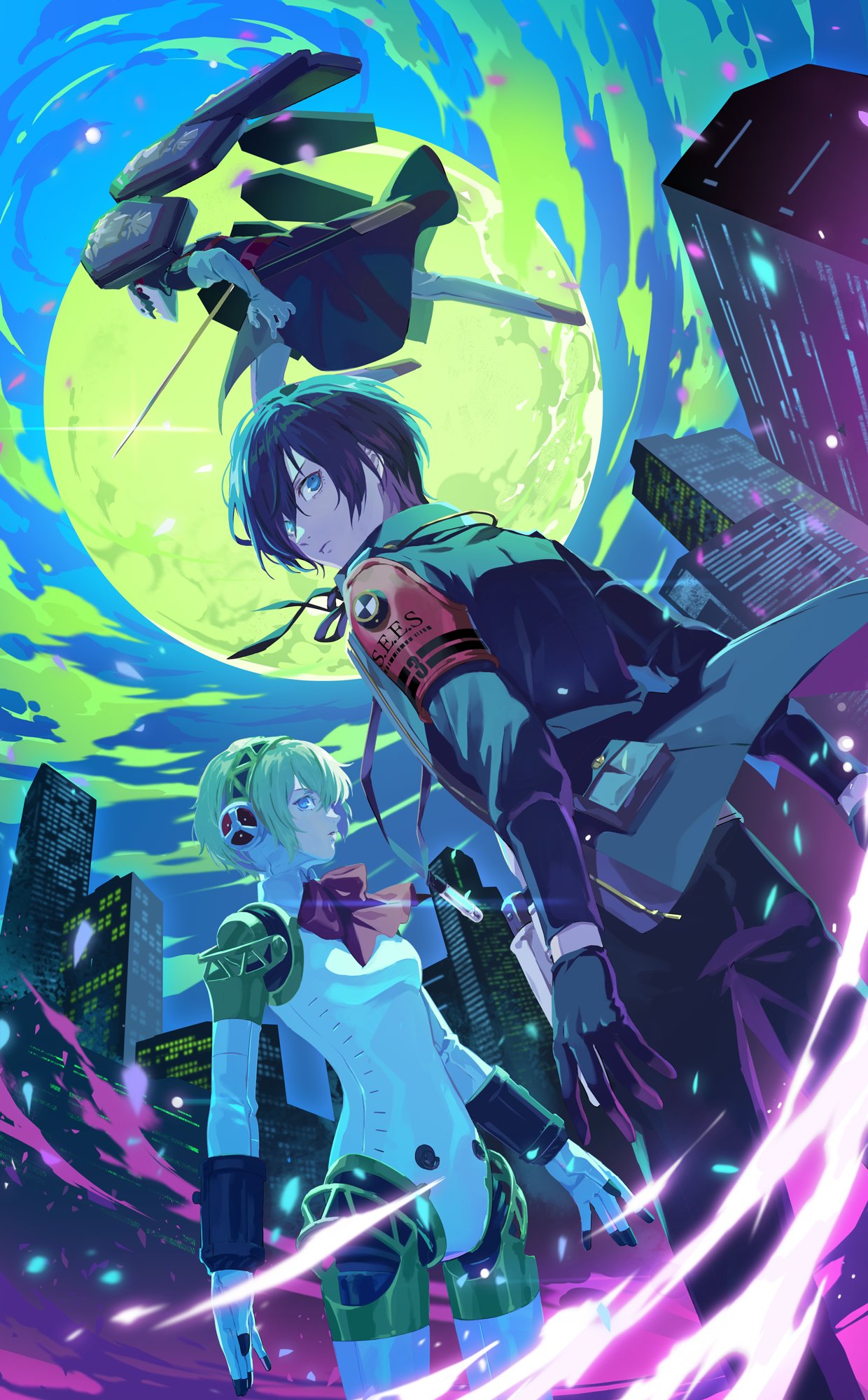1boy, 1girl, aegis_(persona), android, aura, black_gloves, black_pants, blonde_hair, blue_eyes, blue_hair, blue_sky, bow, breasts, building, commentary_request, fangs, flying, from_below, full_moon, gekkoukan_high_school_uniform, gloves, green_moon, hair_over_one_eye, headphones, highres, holding, holding_sword, holding_weapon, huge_moon, joints, medium_breasts, moon, pants, persona, persona_3, persona_3_reload, red_bow, school_uniform, short_hair, skin_fangs, sky, standing, sword, thanatos_(persona), weapon, white_gloves, yono_999, yuuki_makoto_(persona_3)
