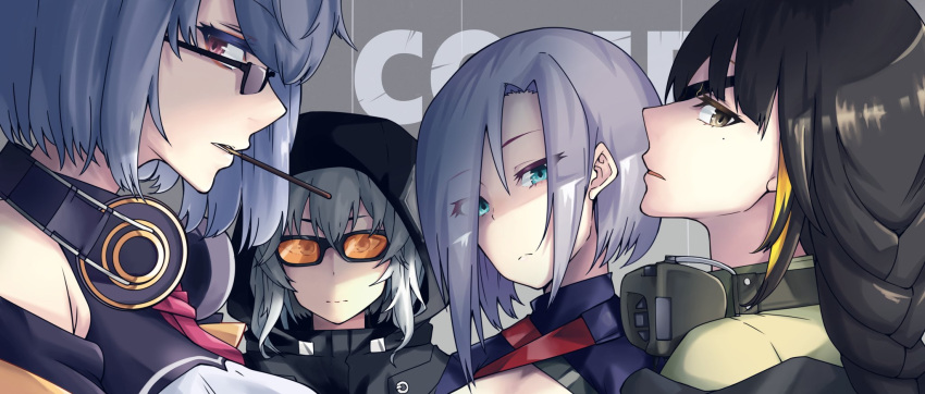 4girls, black_jacket, blue_eyes, brown_eyes, closed_mouth, eyepatch, girls_frontline, glasses, grey_eyes, hair_over_one_eye, headset, highres, jacket, ksg_(girls'_frontline), long_hair, looking_at_viewer, m16a1_(girls'_frontline), mg5_(girls'_frontline), multicolored_hair, multiple_girls, nakiusagi, red_eyes, thompson_(girls'_frontline), white_hair