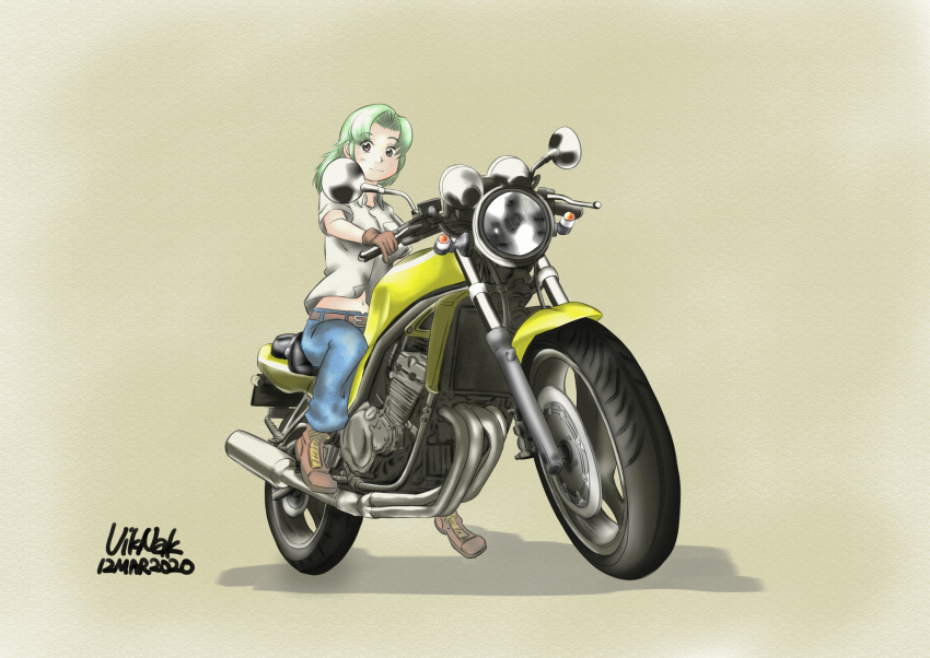 1girl, ankle_boots, blue_pants, boots, brown-eared_bulbul, brown_footwear, brown_gloves, collared_shirt