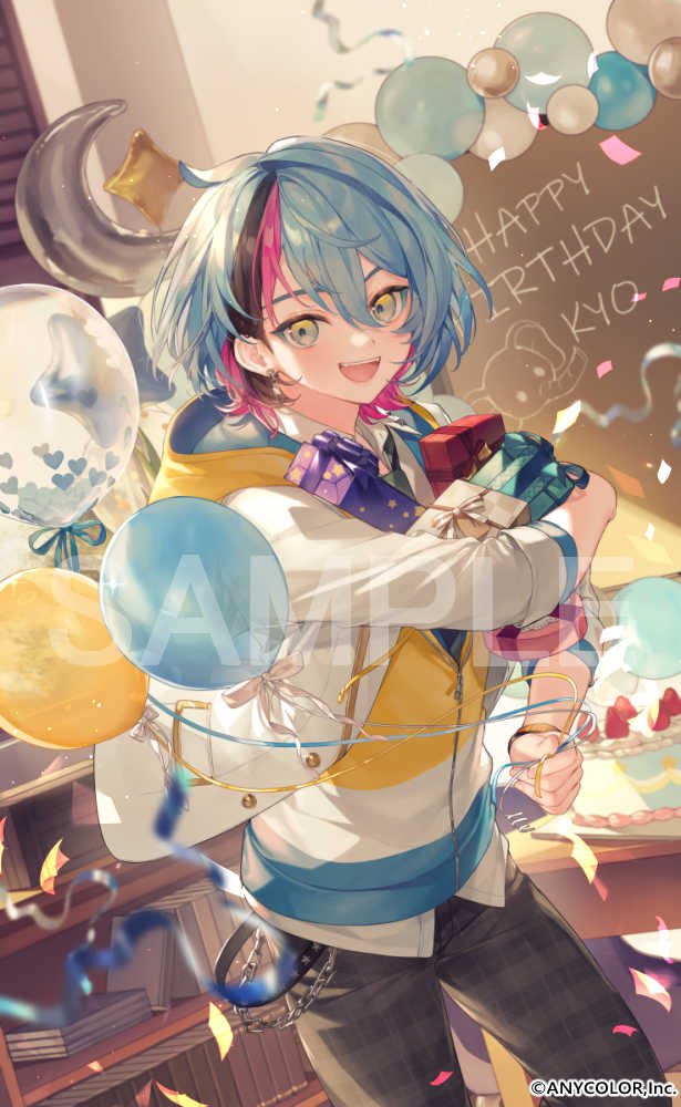 1boy, :d, balloon, belt, belt_chain, black_belt, black_hair, blue_hair