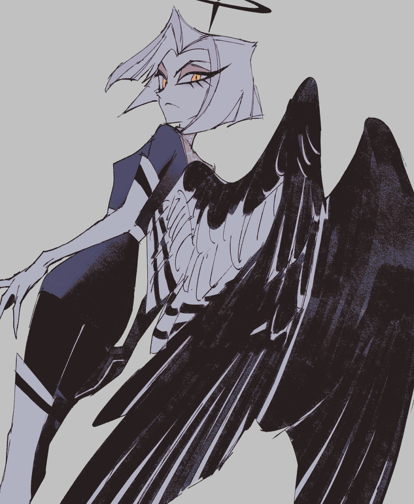1girl, angel, angel_wings, belt, black_halo, black_pants, black_shirt, black_wings