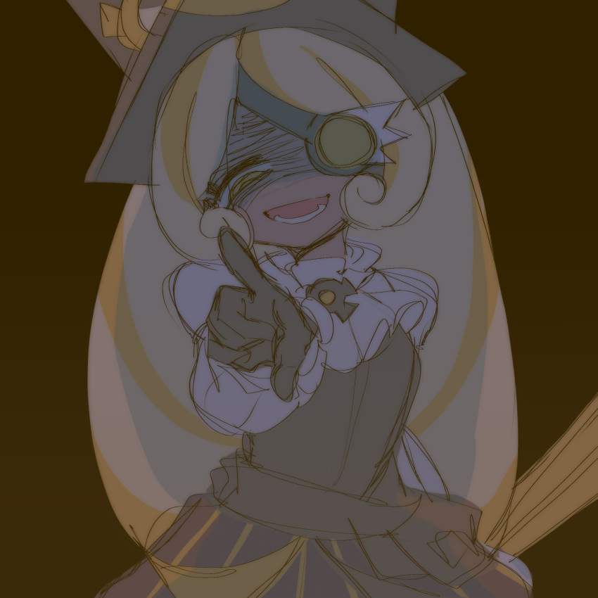 1girl, arm_behind_back, black_dress, black_gloves, black_headwear, blonde_hair, brown_background, cookie_run