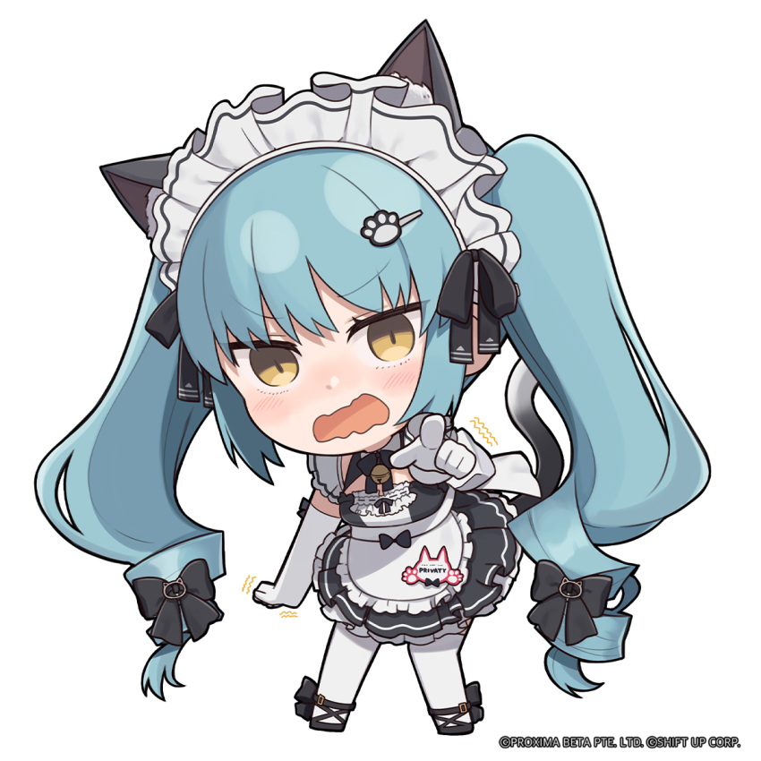 1girl, animal_ear_fluff, animal_ears, apron, aqua_hair, bell, black_bow, black_dress