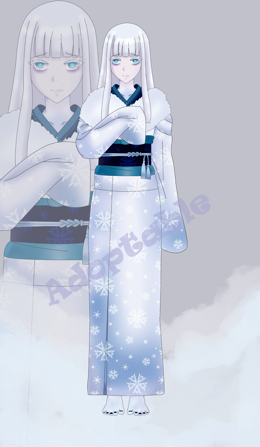 1girl, blue_skin, blue_theme, closed_mouth, colored_skin, cracked_skin, crystal_skin, ice, japanese_clothes, kimono, monster_girl, snowing, solo, white_hair, white_kimono, yuki_onna