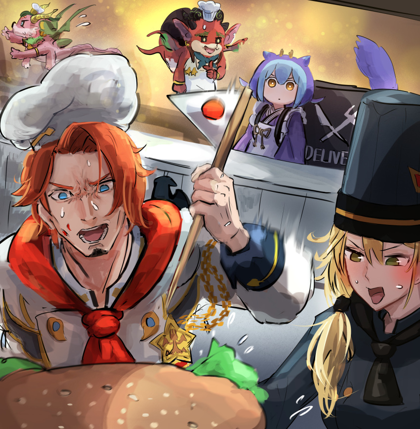 apron, blonde_hair, blue_eyes, blue_hair, bread_bun, breasts, buerillabaisse_de_nouvelles, burger