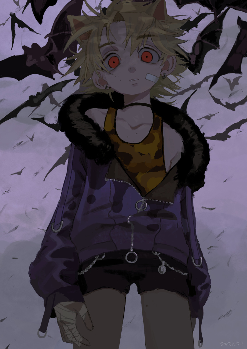 1boy, absurdres, animal_ears, bandages, bat_(animal), black_choker, blonde_hair, camouflage