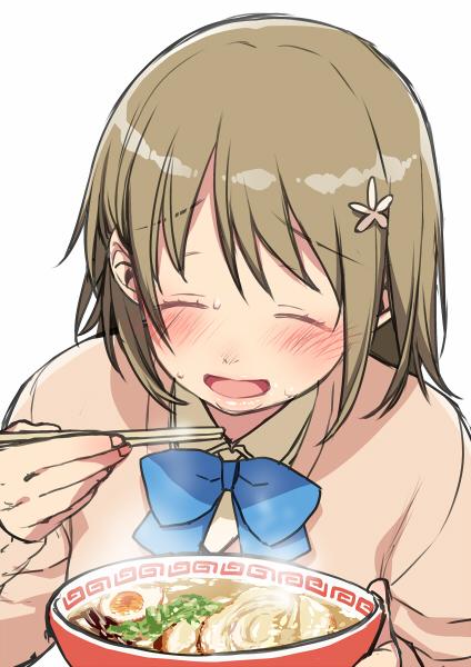 1girl, blue_bow, blue_bowtie, blush, bow, bowl, bowtie, breasts