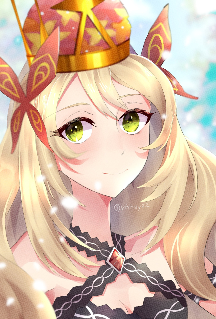 1girl, blonde_hair, bow, butterfly_hair_ornament, celine_(fire_emblem), crown, dress_bow, fire_emblem