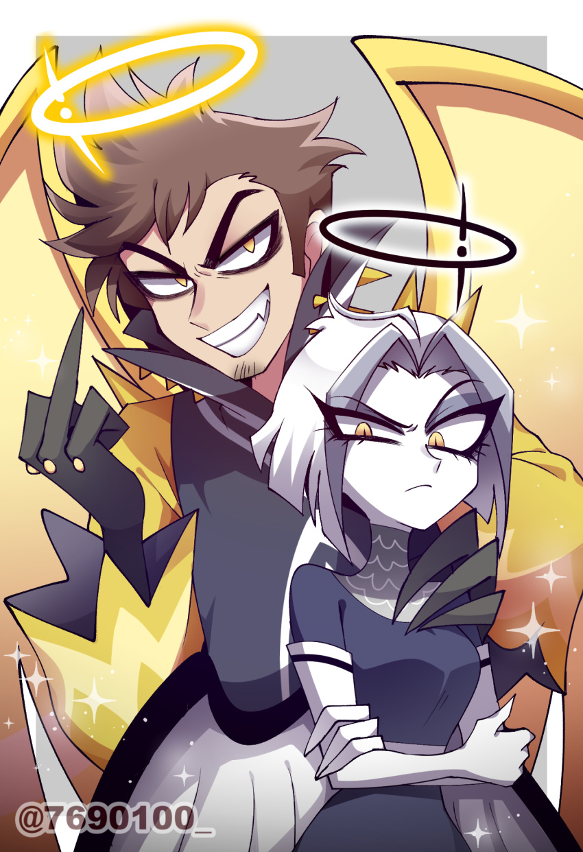 1boy, 1girl, adam_(hazbin_hotel), angel, angel_wings, animification, artist_name, asymmetrical_eyes