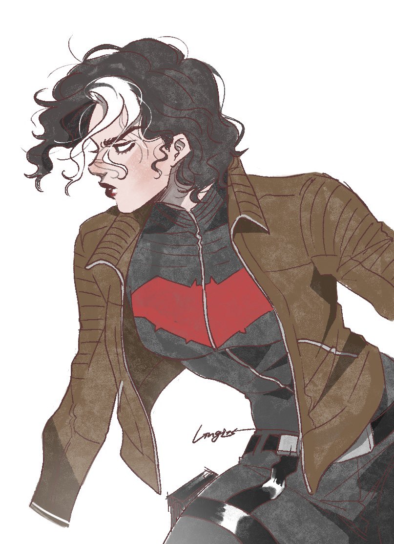 artist_name, bat_signal, batman_(series), batman_symbol, black_bodysuit, black_hair, bodysuit, brown_jacket, dc_comics, genderswap, genderswap_(mtf), holster, jacket, jason_todd, lingi-15, long_sleeves, multicolored_hair, open_clothes, open_mouth, pants, red_hood_(dc), short_hair, simple_background, superhero, thigh_holster, two-tone_hair, white_hair