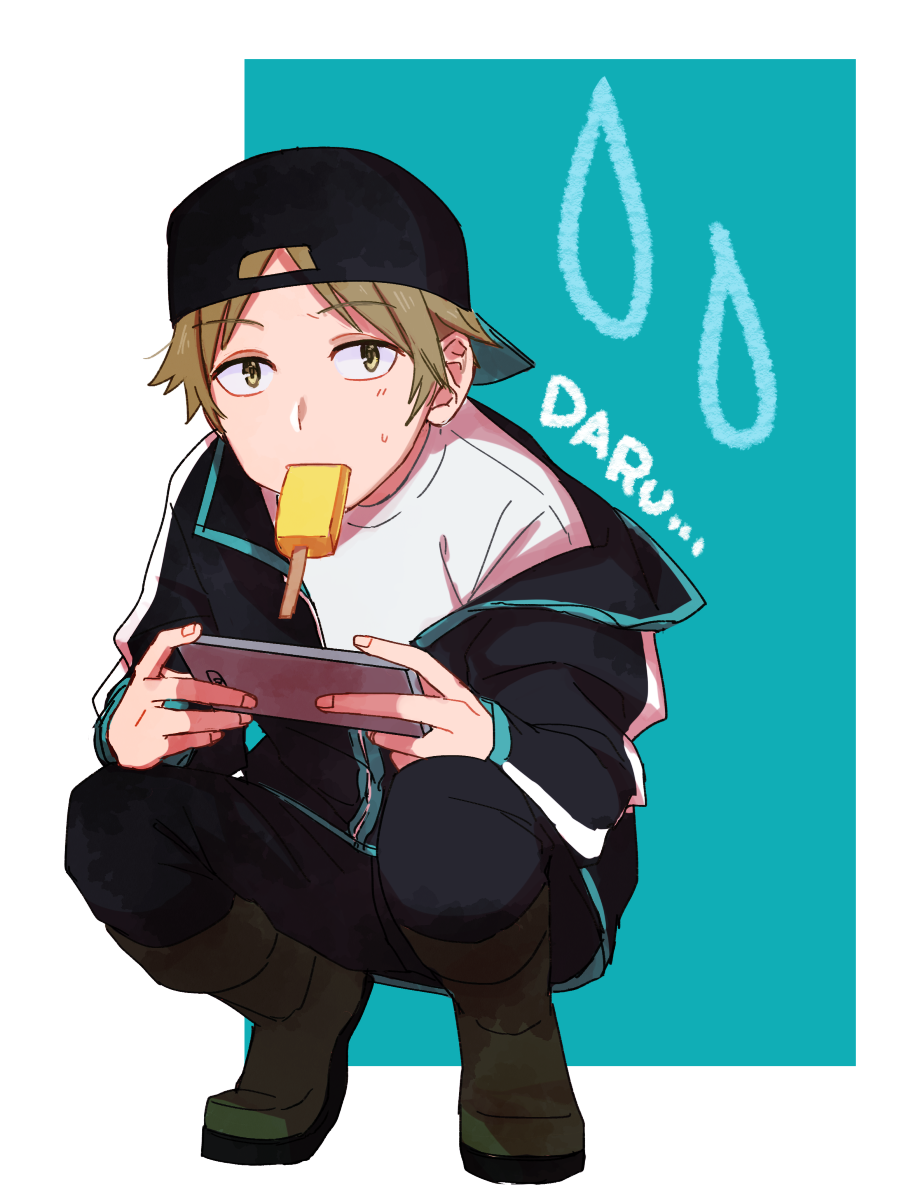 1boy, arafune_squad's_uniform, backwards_hat, baseball_cap, black_headwear, black_jacket, black_pants, boots
