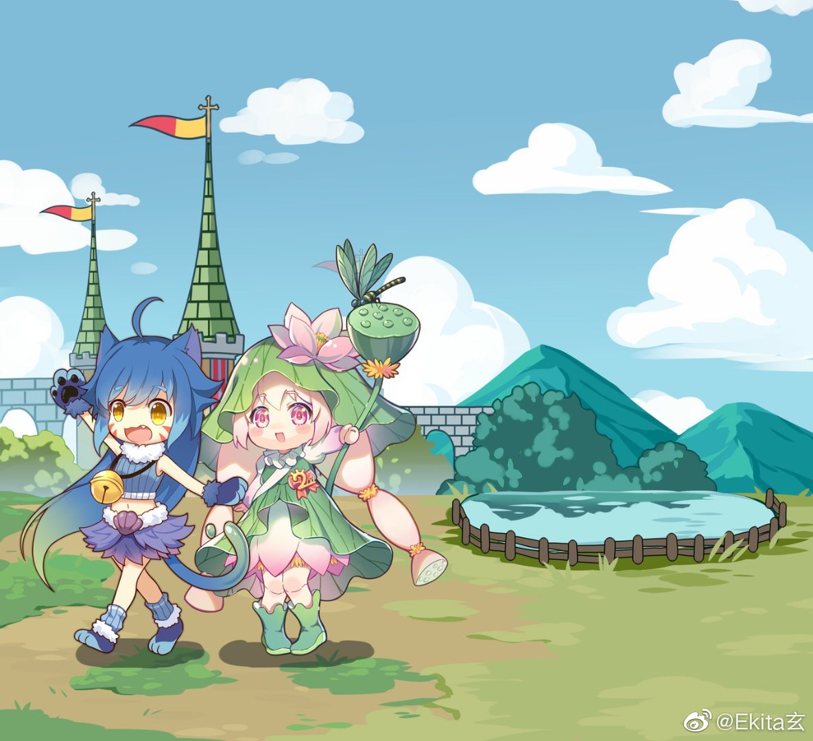 2girls, animal, animal_ears, animal_hands, arm_up, badge, bag, bare_shoulders