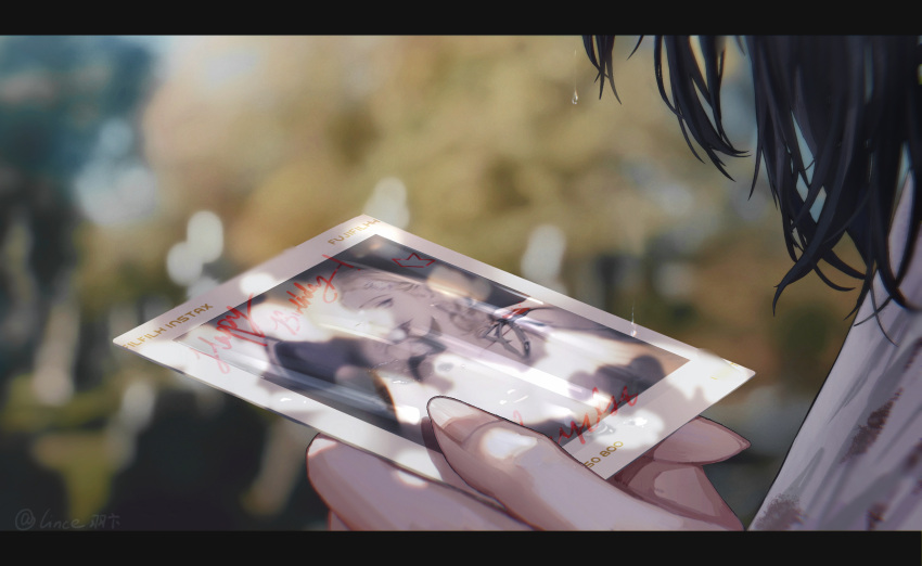 1girl, arm_sling, black_hair, blood, blood_stain, blurry, blurry_background, character_signature