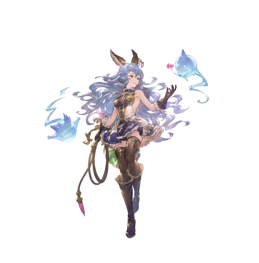 1girl, absurdres, animal_ears, bare_shoulders, blue_hair, boots, breasts, brown_eyes