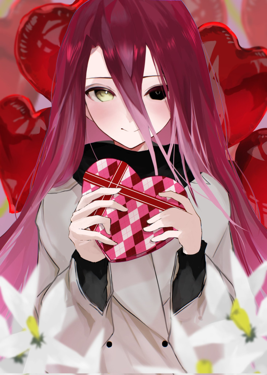 1girl, alternate_costume, balloon, black_eyes, black_scarf, box, closed_mouth, commentary_request