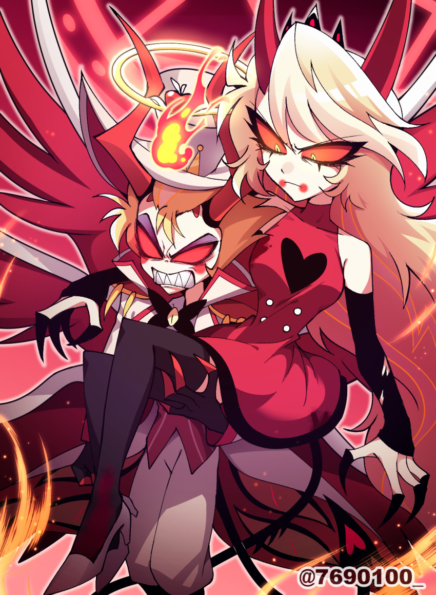 1boy, 1girl, apple, arm_around_neck, artist_name, black_claws, black_gloves, black_nails