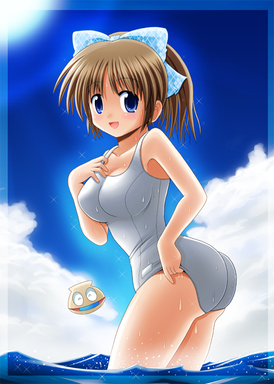bow, brown_hair, cloud, clouds, hair_bow, minami_shinju, one-piece_swimsuit, original