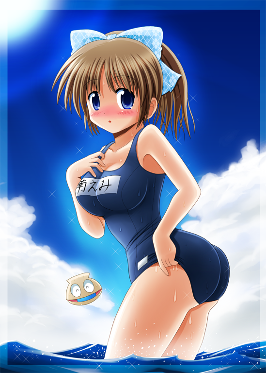 blush, bow, brown_hair, cloud, clouds, hair_bow, minami_shinju, name_tag