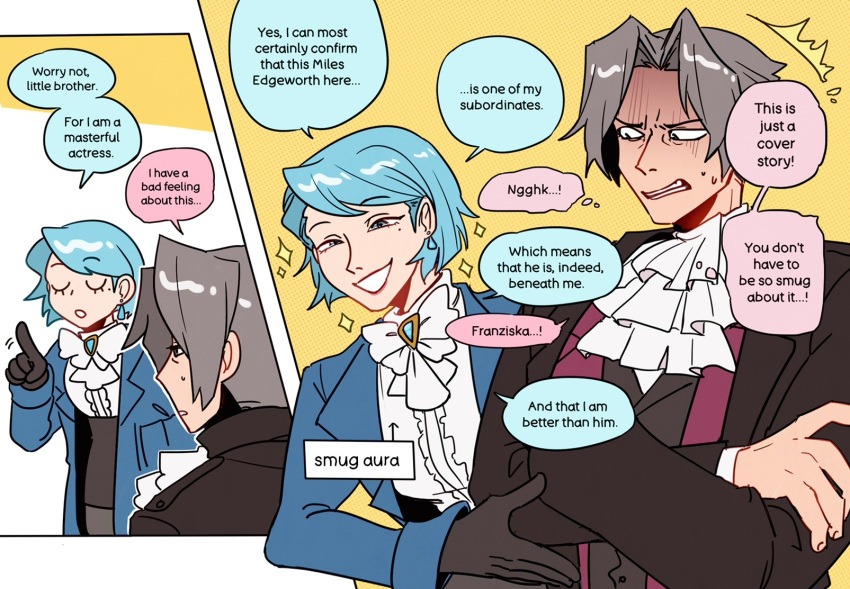 1boy, 1girl, ace_attorney, alt_text, annoyed, ascot, black_gloves, blue_hair