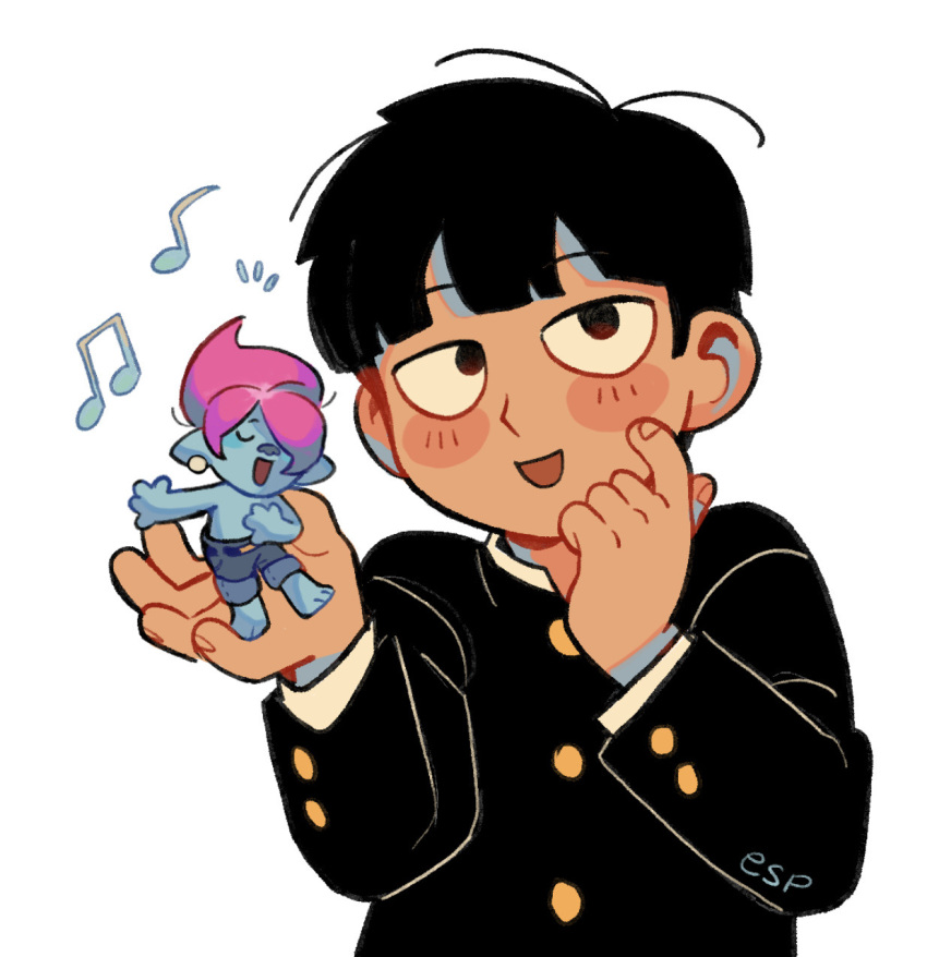 2boys, black_hair, blue_skin, blush, closed_eyes, colored_skin, commentary, crossover, english_commentary, esper-eclipse, gakuran, highres, in_palm, kageyama_shigeo, long_sleeves, male_focus, mini_person, miniboy, mob_psycho_100, multiple_boys, musical_note, open_mouth, pink_hair, school_uniform, short_hair, simple_background, smile, trolls_(series), upper_body, white_background