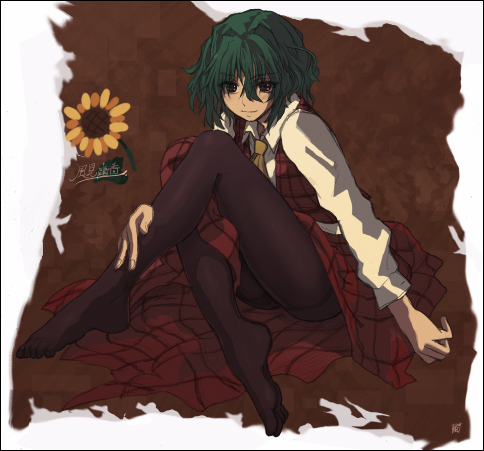dagashi, feet, flower, green_hair, kazami_yuuka, legs, lowres, pantyhose