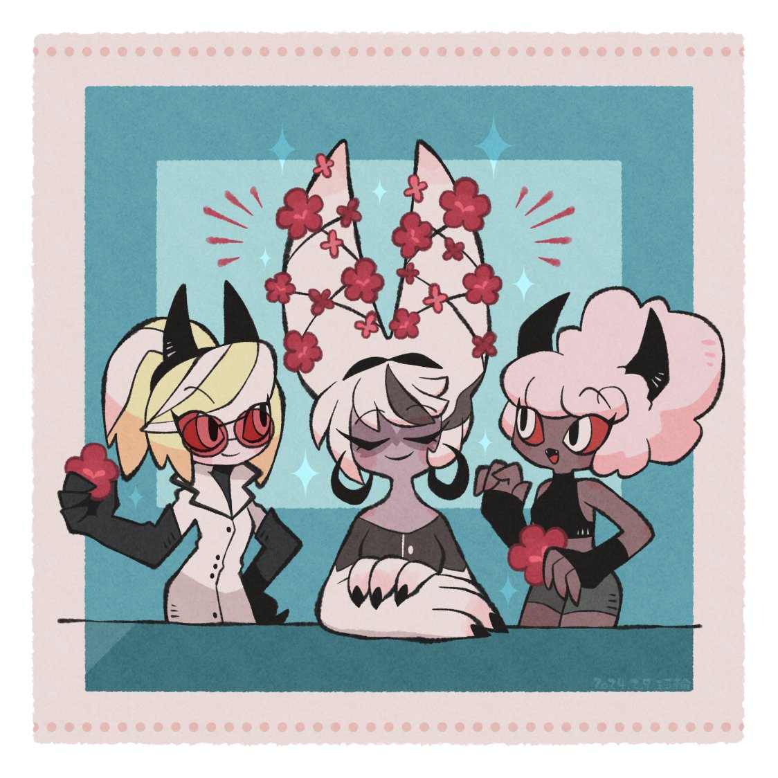 3girls, :d, black_gloves, black_hairband, black_horns, black_shirt, black_tank_top, blonde_hair
