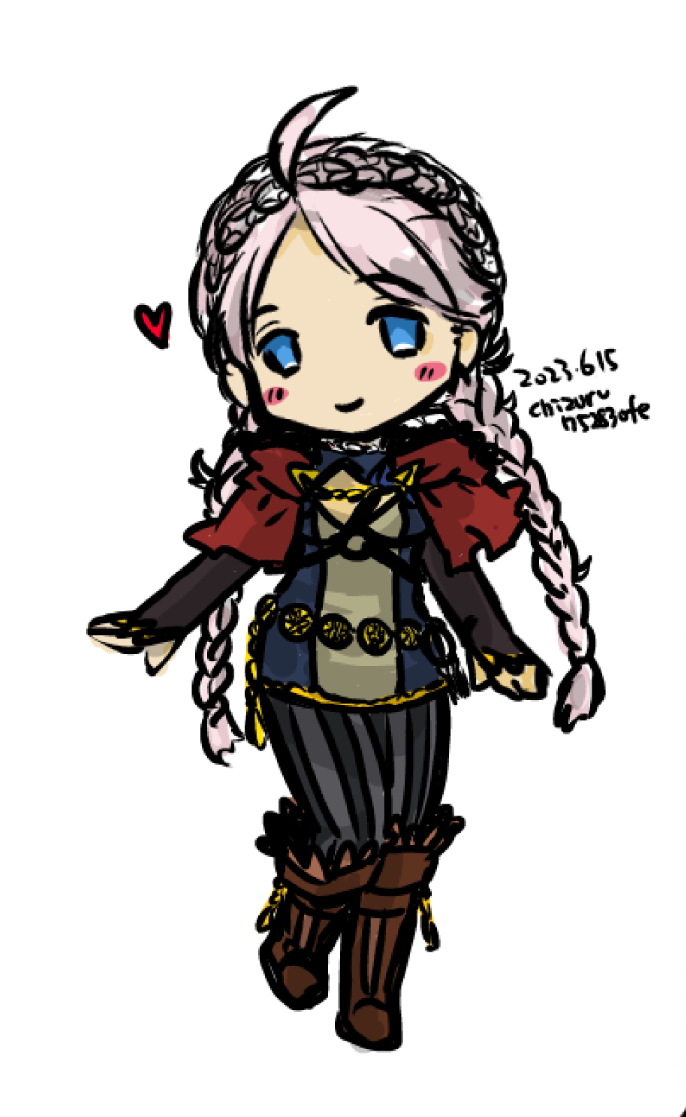 1girl, ahoge, black_bridal_gauntlets, blue_eyes, boots, braid, bridal_gauntlets, brown_footwear