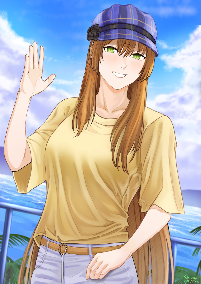 1girl, absurdres, belt, blush, brown_hair, clouds, cloudy_sky, girls_frontline, green_eyes, grey_pants, hand_up, hat, highres, long_hair, looking_at_viewer, outdoors, pants, parted_lips, purple_headwear, railing, ridwanpertamini, shirt, sky, smile, solo, springfield_(girls'_frontline), straight-on, t-shirt, upper_body, yellow_shirt