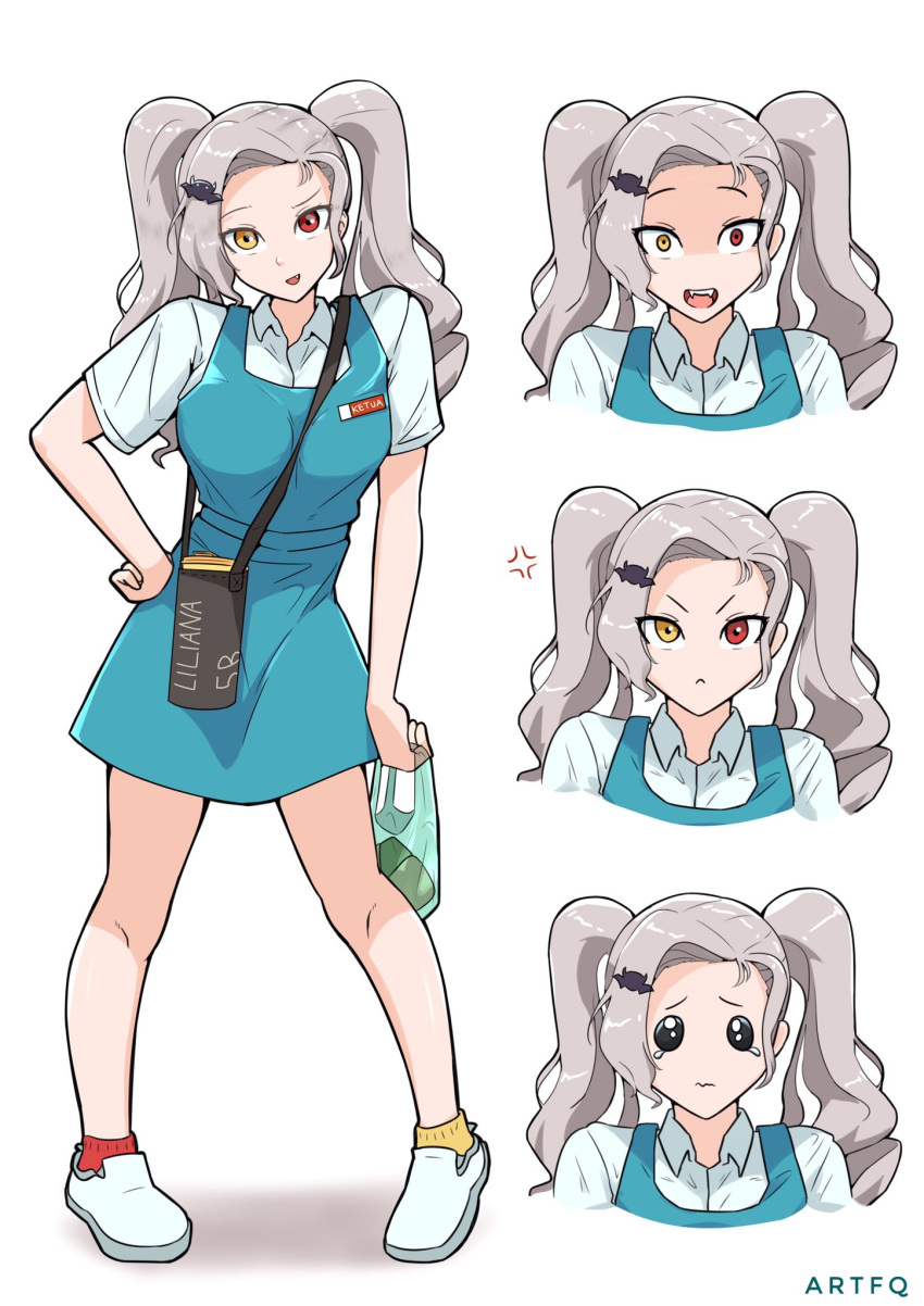 1girl, anger_vein, angry, artist_name, bat_hair_ornament, bottle, dress, emoji, fang, feeq, grey_hair, hair_ornament, heterochromia, highres, holding, liliana_vampaia, long_hair, malaysian_secondary_school_uniform, myholo_tv, name_tag, nasi_lemak, pinafore_dress, pleading_face_emoji, red_eyes, school_uniform, shaded_face, sharp_teeth, short_sleeves, simple_background, sleeveless, sleeveless_dress, solo, standing, teeth, translated, twintails, water_bottle, white_footwear, yellow_eyes